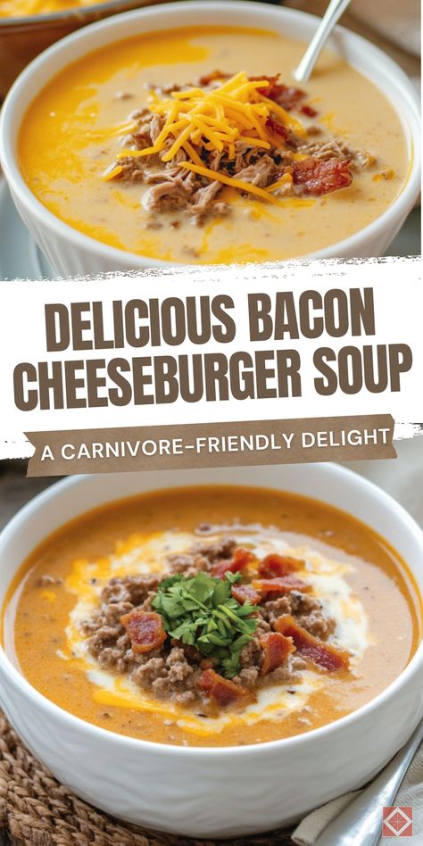 Enjoy a hearty bacon cheeseburger soup tailored for the carnivore diet. Perfect for your Carnivore Diet Recipes & Ideas collection, this delicious soup combines crispy bacon and savory cheeseburger flavors in a rich, satisfying broth. Save this pin and click for detailed instructions and tips. Make a comforting and carnivore-approved meal that's perfect for any occasion. Low Carb Beef Meals, Carnivore Diet Seasonings, Carnivore Turkey Recipes, Low Carb Meat Recipes, Carnivore Supper Ideas, Cheap Keto Dinners For A Family, Carnavoir Diet Meals, How To Start Carnivore Diet, Carnivore On A Budget