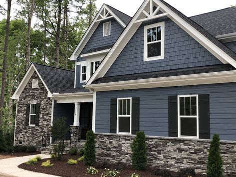 Blue grey exterior paint sherwin Williams granite peak Blue Grey Exterior, Blue Exterior House Colors, Blue Exterior, Grey Exterior, Exterior House Colors, Exterior House, Blue House, White Trim, Sherwin Williams