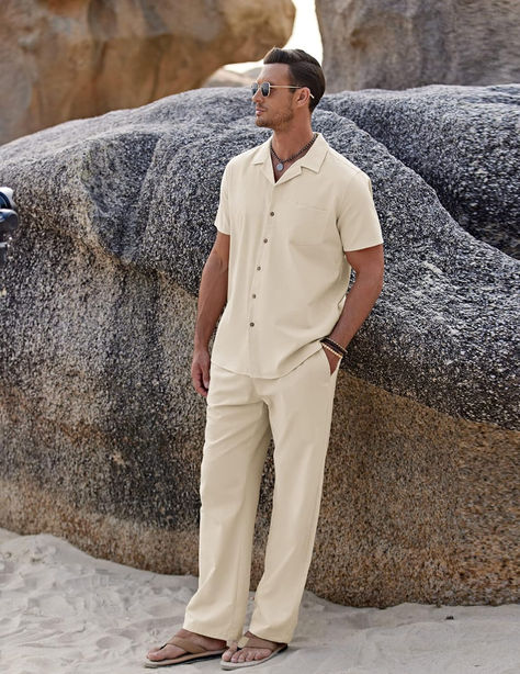 Men 2 Piece Linen Outfit Beach Button Down Shirt Casual Loose Pant Sets Linen Outfit Beach, Linen Outfits For Men, Italy Spring, Linen Outfit, Pant Sets, Linen Style, Loose Pants, Pocket Pants, Beach Shirts