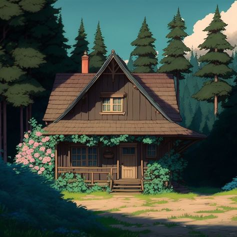 Animated House Drawing, Cute Cabin Drawing, Cottage In Forest Drawing, Ghibli Style House, Forest Home Illustration, Studio Ghibli Cottage, Cabin Pixel Art, House In Forest Illustration, Forest Cabin Painting