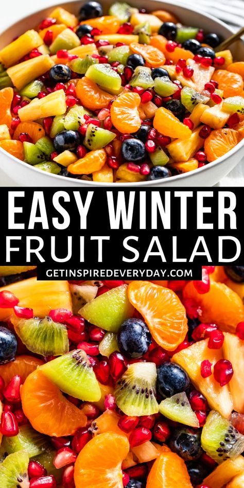 This Winter Fruit Salad is super fresh, juicy, and tossed with a honey lime dressing that makes it irresistible! Deep into the winter months, there’s still plenty of fruit ‘in season’ so to speak for all those fresh produce cravings. Sweet pineapple combines together with kiwi and mandarin oranges, with a bright pop of juicy pomegranate arils, and some optional blueberries. It’s perfect alongside so many recipes for brunch, potlucks, and holiday meals as well. Recipes For Brunch, Christmas Fruit Salad, Easy Fruit Salad Recipes, Winter Fruit Salad, Winter Salad Recipes, Honey Lime Dressing, Fruit Salad Easy, Mandarin Oranges, Winter Fruit