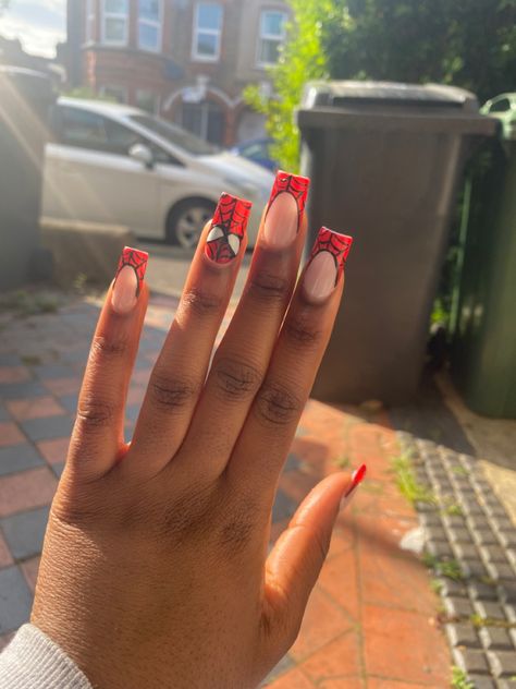 Cute Red Nail Designs For Acrylics, Short Spiderman Nails, Catfish Account, Spider Man Nails, Spiderman Nails, Batman Nails, Cute Red Nails, Man Nails, Spiderman Gifts