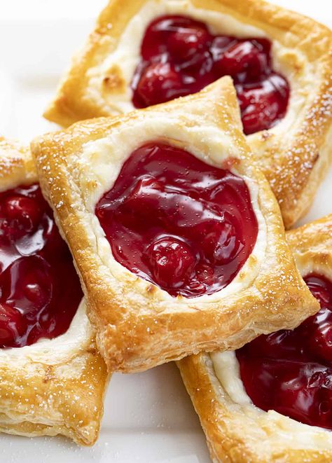 Cherry Cream Cheese Danish - i am baker Cherry Cream Cheese Danish, Cherry Danish Recipe, Cherry Danish, Cherry Cream Cheese, Puff Pastry Recipes Dessert, Pastries Recipes Dessert, Puff Pastry Desserts, Cream Cheese Danish, Cheese Danish