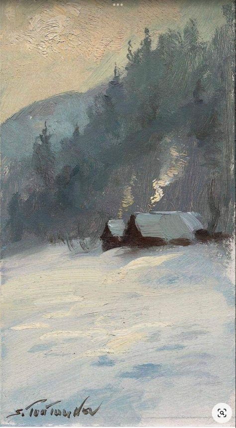 Peaceful snow, snug cabins Winter Painting Oil, Snowy Day Painting, Classic Christmas Paintings, Snowy Scenes Landscapes, Cozy Winter Painting, Snowy House Painting, Abstract Winter Landscape, Aesthetic Winter Painting, Snowy Hills Painting