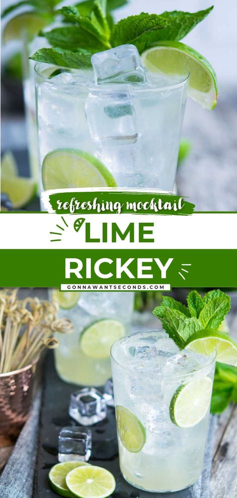 Lime Rickey  garnished with lime and mint Club Soda Cocktails Non Alcoholic, Sour Non Alcoholic Drinks, Soda Water Mocktails, Club Soda Mocktail, Hop Water Mocktail, Club Soda Drinks Non Alcoholic, Tonic Water Drinks Non Alcoholic, Non Alcoholic Drinks With Club Soda, Olipop Soda Mocktail