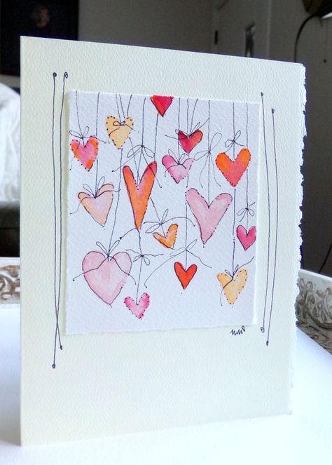 Hearts On Strings  Watercolor Original Card  "Big Card" 5x7 With Matching Envelope  betrueoriginals Watercolor Cards Ideas, Valentines Watercolor, Watercolor Leaf, Arte Doodle, Watercolor Hearts, Watercolor Birthday, Watercolor Card, Watercolor Greeting Cards, Paint Cards