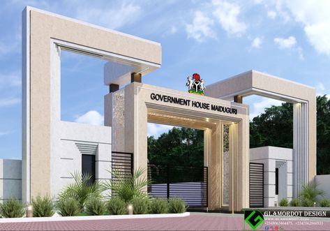 Design proposal of ultra modern entrance gate of the Government house Maiduguri Building Gate Design Entrance, Modern Gate Entrance, Apartment Gate Design Entrance, School Gate Design Entrance, Colony Entrance Gate Design, Gate House Entrance, Entrance Gates Design Architecture Front Entry, Gate Design Modern Entrance Architecture, Contemporary Driveway