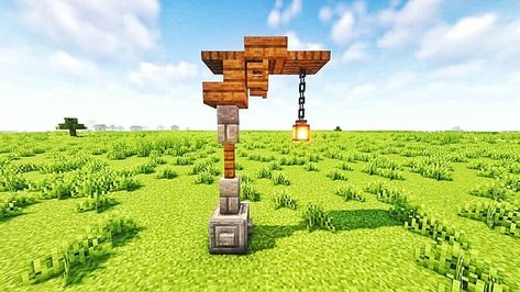 A wood and stone lamppost design using a Lantern as the light source. Minecraft Lamp Post Design Minecraft Lamp Post Ideas Cute, Minecraft Lamp Post Designs, Lamp Post Minecraft Designs, Mc Lamp Post, Minecraft Hanging Lantern, Lamp Post Design Minecraft, Lantern Post Minecraft, Minecraft Hanging Sign Design, Mincraft Lamppost