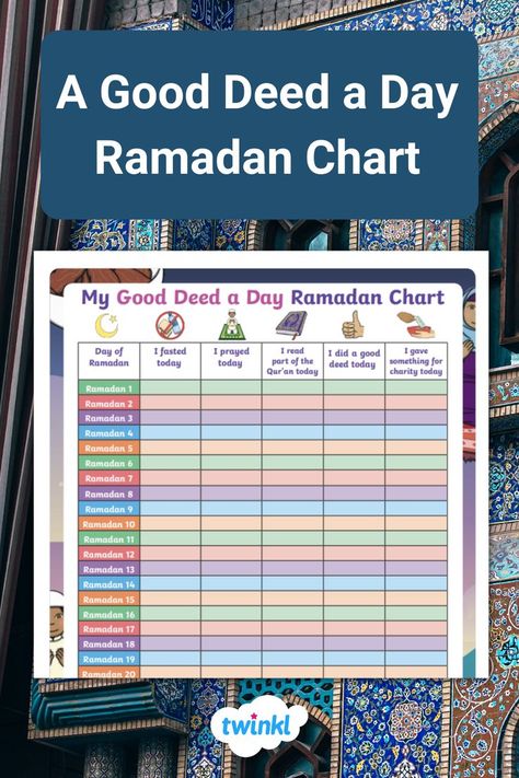 Ramadan activity for children - encourage children to do good deeds everyday throughout the month of Ramadan with this tracker chart, and how about giving them a little reward if they manage to tick most of the boxes? Ramadan Chart, Ramadan Good Deeds, Ramadan Activity, Do Good Deeds, Ramadan Activities, Month Of Ramadan, Good Deeds, Do Good, Ramadan