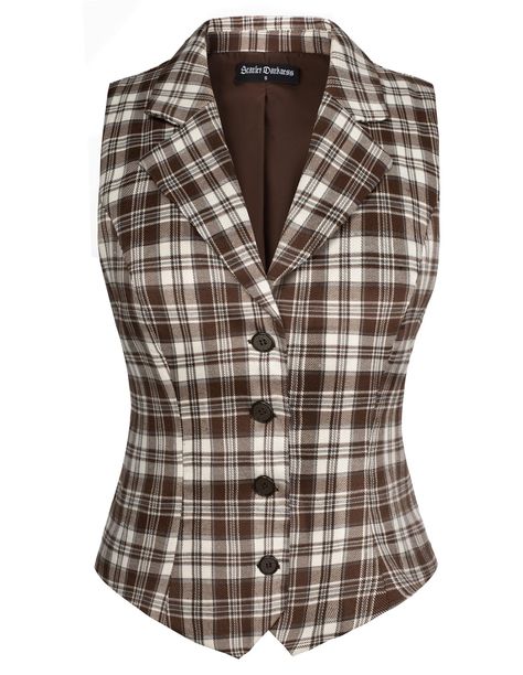 PRICES MAY VARY. CLASSIC PLAID FABRIC - This waistcoat vest features a timeless plaid pattern that adds a touch of sophistication to any outfit, making it perfect for your wardrobe ADJUSTABLE BACK WAIST - Designed with an adjustable waist clasp at the back, this womens vest allows you to create a flattering silhouette to ensure a perfect fit OTHER DESIGNS - The elegant V neck and lapel collar design give this vest top a refined look, while the sleeveless design and button-down front make this bl Plaid Corset, Vest For Women, Waistcoat Outfit Women, Victorian Waistcoat, Plaid Sweater Vest, Women Waistcoat, Brown Winter Coat, Waistcoat Outfit, Vest Pattern Free