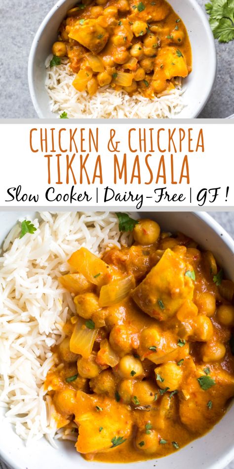 This easy slow cooker chicken and chickpea tikka masala is so simple to throw into your crock pot, and it's a lightened up, dairy-free and gluten-free version. Made with chickpeas (garbanzo beans), juicy chicken and a flavorful sauce, this recipe is perfect for a healthy weeknight meal or meal prep lunches. #slowcooker #dairyfreerecipes #glutenfreeslowcooker #chickenslowcookerrecipes Chicken And Chickpea Curry, Slow Cooker Tikka Masala, Chickpea Tikka Masala, Spicy Sausage Pasta, Hearty Recipes, Chicken Chickpea, Easy Slow Cooker Chicken, Slow Cooker Apples, Healthy Weeknight Meals