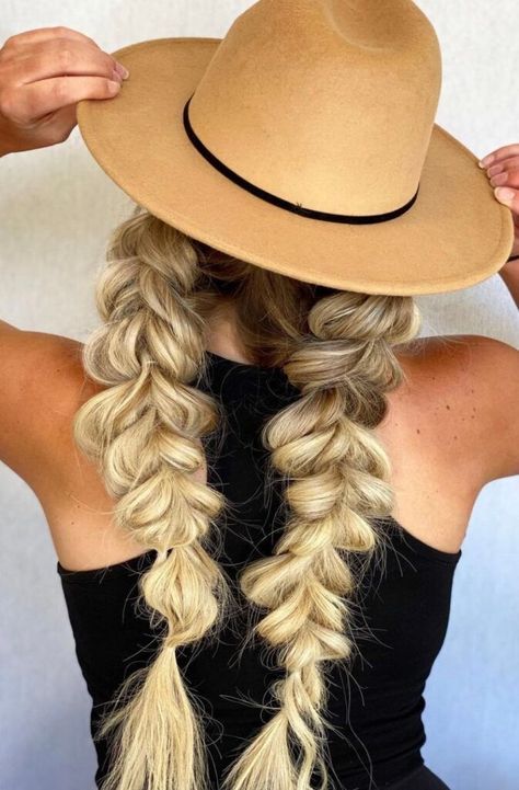 Pig Tale Braids Hairstyles, Braids Bubble Braid, Braids And Cowboy Hat, Topsy Tail Bubble Braid, Pigtail Hairstyles With Hat, Bubble Braids With Hat, Summer Hat Hairstyles Long Hair, Adult Bubble Braids, Bubble Braid With Hat