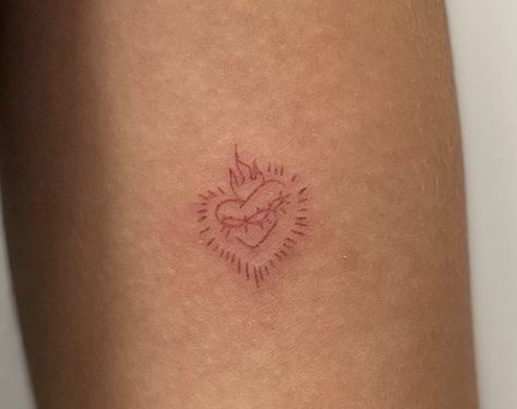 Minimal Mini Tattoo, Red Tatooes, Red Small Tattoos, Simple Red Tattoo, Danty Tattoos Small, Flaming Heart Tattoo, Red Ink Tattoos Small, Trippy Tattoo, Heavily Tattooed