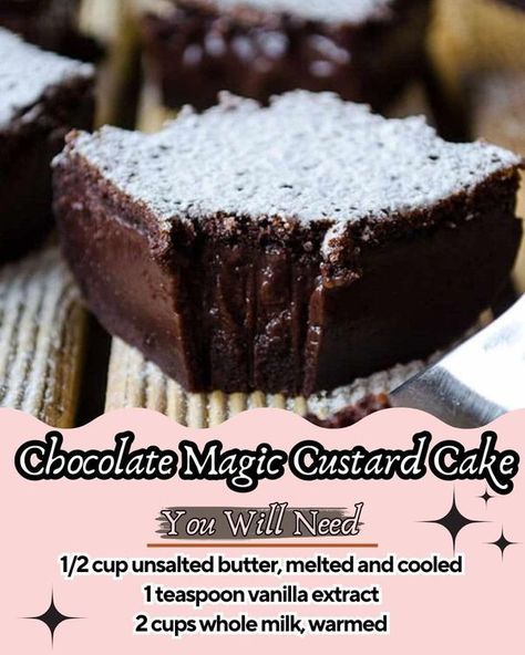 Notorious Foodie | Decadent Chocolate Magic Custard Cake😋😋 | Facebook The Best Cake Recipes, Magic Custard Cake, Blueberry Breakfast Cake, Chocolate Custard, Lemon Bundt Cake, Vegan Carrot Cakes, Custard Cake, Dessert Chocolate, One Cake