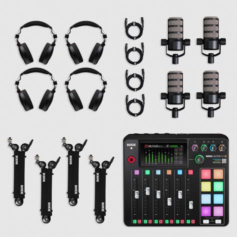 RODE RODECaster Pro II 4-Person Podcasting Kit with PodMics, Studio Boom Arms, Headphones, and Podcast Equipment, Podcast Setup, Podcast Studio, Studio Headphones, Custom Matches, Studio Equipment, Studio Setup, Spring Design, Microphones