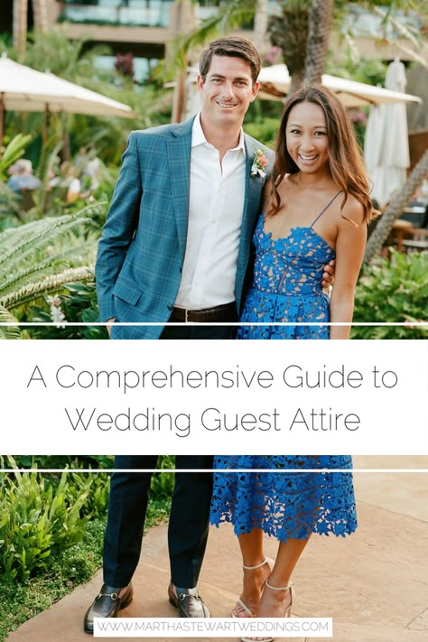 A Comprehensive Guide to Wedding Guest Attire | Martha Stewart Weddings - With the help of two experts, we decode common wedding dress codes, and provide outfit ideas for any event. #weddingstyle #weddingfashion #blacktie #cocktailattire Fall Wedding Attire For Men Guest, Formal Wedding Dresses For Guest Fall, Business Casual Wedding Guest Dresses, Mens Outdoor Wedding Attire Guest, Wedding Guest Dress Afternoon, Festive Attire Dress Code Wedding, Spring Guest Wedding Outfits, Business Casual For Wedding, Spring Wedding Couple Outfits