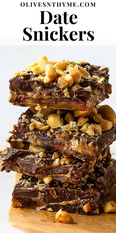 Date Snickers Recipe Whole Food Snack Recipes, Peanut Butter Treats Healthy, Vegan Date Squares, Dates Energy Balls Healthy, Date Squares Healthy, Homemade Snickers Bars Healthy, Snickers Bar Made With Dates, Holiday Desserts Healthy, Vegan Date Sweetened Desserts