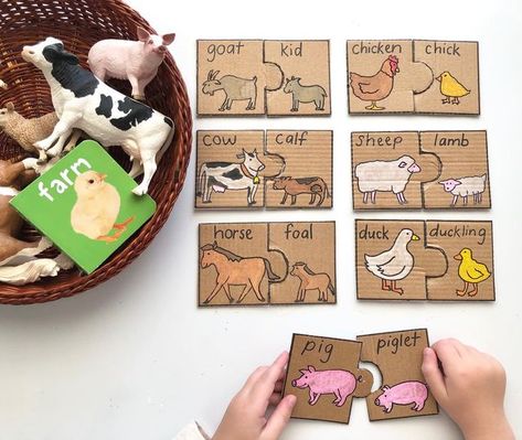 Katie on Instagram: "🐮 F A R M 🐮 We are planning a farm visit during these school holidays and hoping to cuddle some baby animals. Learning the names of the animal babies can be tricky so this cardboard puzzle is a fun way to practice! My little one also matched his toy farm animals to the pictures. Now we are really excited to go and visit the farm - Katie . . #learnthroughplay #playbasedlearning #wherelearningmeetsplay #homeschoolmom #earlylearning #invitationtolearn #reggiokids #playandlear Cardboard Box Activities, Box Activities, Bus Crafts, Stem Activities Preschool, Cardboard Puzzle, Insect Crafts, Farm Visit, Art Activities For Toddlers, Cardboard Box Crafts