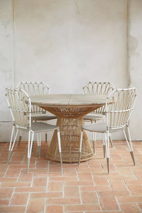 Anthropologie Outdoor, Anthropologie Furniture, Wicker Dining Set, Tufted Dining Chairs, Anthropologie Home, Circular Table, Happy Valley, Teak Table, Wicker Chairs