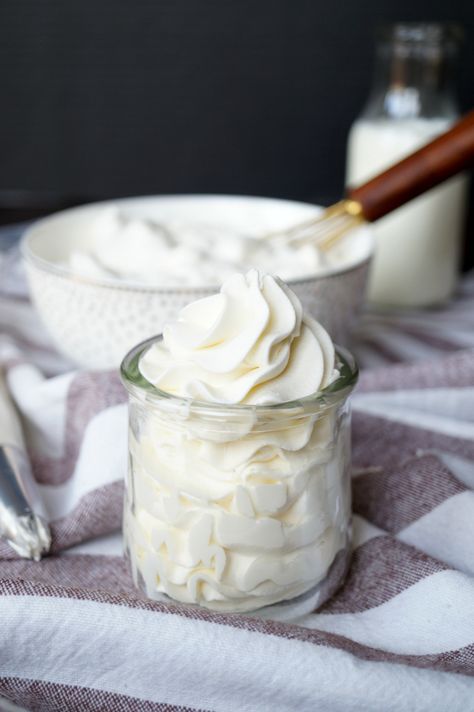 the easiest stabilized whipped cream | The Baking Fairy Whipped Cream Icing Recipe, Sturdy Whipped Cream Frosting, Stable Whipped Cream, Stabilized Whipped Cream Frosting, Perfect Whipped Cream, Whipped Cream Icing, Whipped Cream Recipe, Stabilized Whipped Cream, Recipes With Whipping Cream