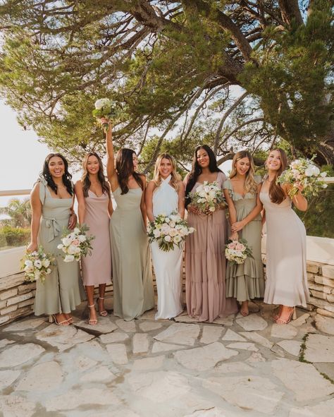 Sage Green And Light Pink Bridesmaid Dresses, Champagne Sage Blush Wedding, Sage And Dusty Rose Bridesmaid Dresses, Pink Green Champagne Bridesmaids, Green Pink Gold Wedding Bridesmaid Dresses, Bridesmaid Dresses Sage Green And Blush, Spring Wedding Sage Green And Blush, Light Pink And Green Bridesmaid Dresses, Pink And Sage Green Bridesmaid Dresses