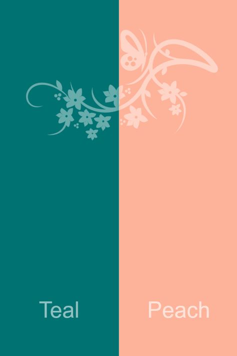 Teal & Peach Sea Green And Peach Combination, Teal Salmon Color Scheme, Peach Teal Aesthetic, Peach And Teal Bathroom, Peach And Turquoise Aesthetic, Teal Peach Color Scheme, Peach Pink Color Combination, Best Contrast Colour Combinations, Teal And Peach Wedding Ideas