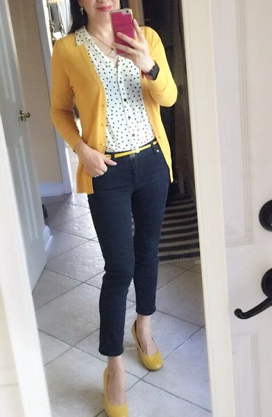 Mustard yellow cardigan with white polka dot shirt and black pants White And Black Polka Dot Shirt Outfit, How To Style A Yellow Cardigan, Mustard Yellow Pants Outfit Work Attire, Outfits With Yellow Shirt, Polka Dot Shirt Outfit Work Style, Dotted Shirt Outfit, Shirt And Cardigan Outfit, Mustard Yellow Cardigan Outfit, White Polka Dot Shirt Outfit