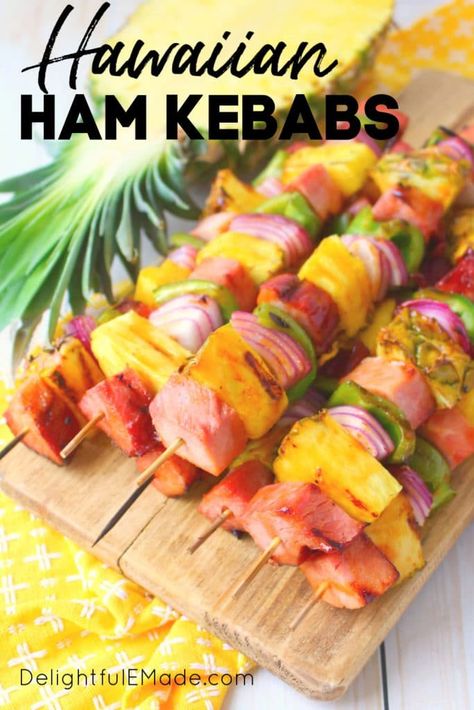 Easy Summer Kebabs with Ham and Pineapple | Get your cookout game on point with these incredible Hawaiian Ham and Pineapple Kabobs! Made with savory, delicious ham, fresh pineapple and veggies, these simple ham and pineapple skewers will be your new favorite summer grilling recipe! Easy to make and a crowd favorite. Let me know if you decide to make these || Delightful E Made Hawaiian Fruit Skewers, Hawaiian Ham And Pineapple Skewers, Hawaiian Ham Recipes, Hawaiian Cookout, Ham Kabobs, Hawaiian Thanksgiving, Hawaiian Kabobs, Salad Kabobs, Hawaiian Ham