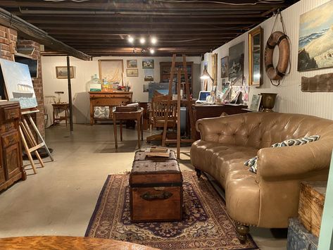 Basement Art Studio Unfinished, Unfinished Basement Art Studio Ideas, Art Studio At Home Basement, Unfinished Basement Aesthetic, Unfinished Basement Art Studio, Art Studio Basement, Basement Art Studio Ideas, Cozy Unfinished Basement, Basement Art Studio