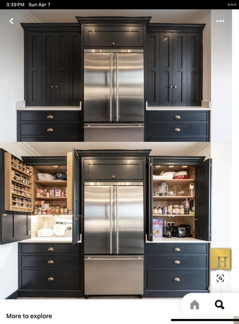 Built In Pantry Cabinet Wall, Breakfast Pantry, Pantry Goals, Kitchen Larder, Pantry Fridge, Large Fridge, Built In Pantry, Pantry Wall, Pantry Cupboard