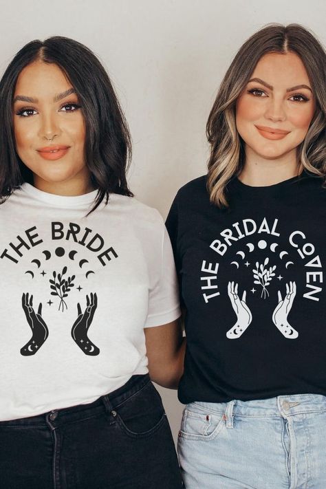 Witch Bachelorette Party, Hen Party Tshirts, Bridal Party Tshirts, Halloween Bride, Party T Shirts, Bridal Shirts, Witchy Halloween, Wedding Girl, Bridesmaid Box