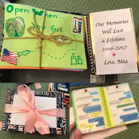 I made this gift for a friend who was an exchange student this year...inside the box I wrote 20 "Open When" letters and I made a little memory book of old messages and old photos that I taped to the small pages. This is a perfect goodbye gift and although it takes a lot of time and effort, it's a homemade gift they can cherish forever! Tip for the "Open When" letters: it's never too early to start writing them! (it takes a lot of time) Gift Ideas For Exchange Students, Goodbye Gift For Friend, Foreign Exchange Student Gifts Goodbye, Exchange Student Gifts Goodbye, Best Friend Goodbye Gift, Good Bye Gifts For Friends, Goodbye Presents For Friends, Gifts For Foreign Exchange Students, Foreign Exchange Student Gifts