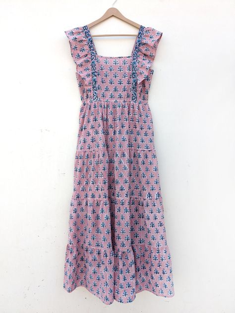 Hand Block Printed dress| Summer Dress| Cotton Dress| Floral print| Handmade| Made in India Block Print Dress| Cotton Tier dress Floral Print Dresses For Women, Cotton Tiered Dress, Indian Block Print Dress, Cotton One Piece Dresses, Short Kurtis, Block Print Dress, Simple Frock Design, Simple Frocks, Indian Tunic