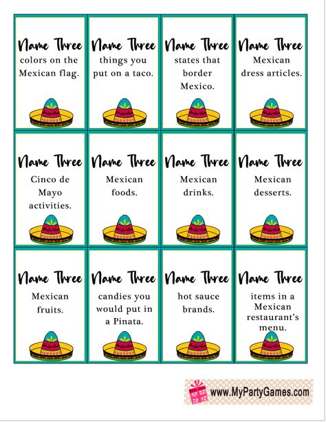 Fiesta Games For Adults, Mexican Fiesta Party Decorations Free Printables, Cinco De Mayo Activities For Seniors, Mexican Party Printables Free, Games For Mexican Themed Party, Mexican Fiesta Printables Free, Taco Party Games For Adults, Cinco De Mayo Games For Adults, Cinco De Mayo Office Party Ideas