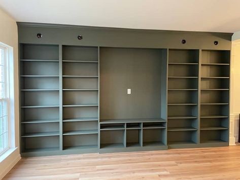 15 Brilliant IKEA BILLY Hacks to Store Books, Dishes, & More | Apartment Therapy Billy Book Case Tv, Ikea Hack Built In Bookcase With Tv, Ikea Built In Library Hack, Living Room Billy Bookcase, Billy Bookcase Around Tv, Ikea Tv Unit Hack Billy Bookcases, Ikea Bookcase Built In Hack, Ikea Bookcase Tv Wall, Ikea Built In Billy Bookcase