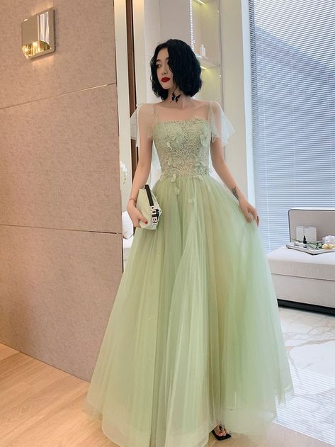 Light Green Prom Dress Long Sleeve, Sage Green Elegant Dress, Enchanted Forest Dresses Prom, Belle Inspired Formal Dress, Sage Green Dress Outfit Wedding, Pastel Green Prom Dresses, Tinker Bell Prom Dress, Light Green Grad Dress, Enchanted Garden Dress Prom