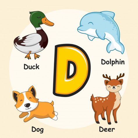 D For Duck, D Words, Alphabet Flash Cards Printable, Animal Alphabet Letters, Esl Kids, Animals Alphabet, Deer Vector, Alphabet Worksheets Kindergarten, Worksheets Kindergarten