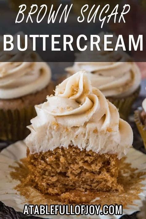 An easy and delicious brown sugar buttercream frosting! #atablefullofjoy #frosting #fall #buttercream #frosting #dessert Sweet Potato Pie Cupcakes, Brown Sugar Buttercream Frosting, Potato Cupcakes, Brown Sugar Buttercream, Sweet Potato Cupcakes, Brown Sugar Frosting, Thanksgiving Planning, Cupcakes Easy, Gluten Free Sweet Potato