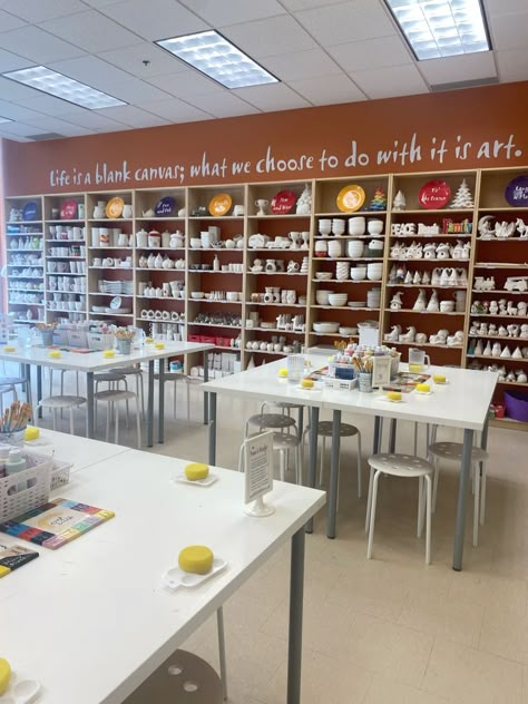 Paint Your Own Pottery Studio, Pottery Shop Aesthetic, Pottery Cafe Ideas, Pottery Classroom, Creative Spaces Studio, Crock A Doodle, Pottery Painting Studio, Paint A Pot, Gifts Under The Tree