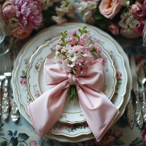 5 Chic Ways to Use Bows in Spring and Summer Place Settings - Ribbons or Napkins can be styled to create a lovely bow accent. Perfect for Regency Era / Bridgerton Tea Party Decor Tea Party Napkin Rings, Loveshack Fancy Tablescape, Pretty Place Settings, Tea Party Seating Chart, Tea Cup Party Decorations, Regency Table Settings, Bow Napkin Wedding, Tea Cup Party Ideas, Bridgerton Inspired Tea Party