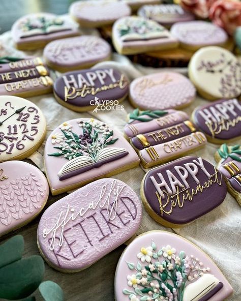 Retirement Party Cookie Ideas, Women Retirement Party Ideas, Purple Retirement Party Ideas, Retirement Party Ideas Women, Retirement Cookies Decorated For Woman, Retirement Decorated Cookies, Retirement Cupcakes Ideas For Women, Teacher Retirement Cookies, Retirement Cookies Ideas