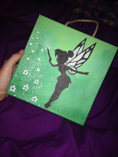 Tinker Bell Painting On Canvas, Tinkerbell Canvas Painting, Tinker Bell Painting, Tinkerbell Painting, Tinkerbell Silhouette, Canvas Painting Techniques, Canvas Painting Tutorial, Painting Techniques For Beginners, Beginners Canvas Painting