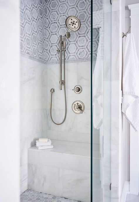 Twins Bathroom, Shower Tiling, Bathroom Elements, Floor Lanterns, White Grout, Addition Ideas, Fireplace Built Ins, Master Shower, Steam Showers Bathroom