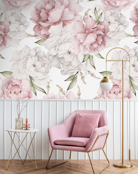 Floral Interior Design Ideas, Wallpapers Living Room Interiors, Pastel Floral Wallpaper Bedroom, Small Bathroom Floral Wallpaper, Pastel Home Decor Bedroom, Pink And White Wallpaper Bedroom, Pink Wallpaper Room Ideas, Floweral Wallpaper, Floral Room Decor Ideas