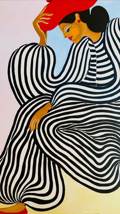 Bold, undulating black and white stripes contrast pastel shades of pink, blue, yellow background. A woman rests with her head in hand. Art Deco Paintings, Abstract Portrait Painting, Contemporary Art Painting, Abstract Portrait, Art Movement, Art Moderne, Art Abstrait, Modern Painting, Figurative Art