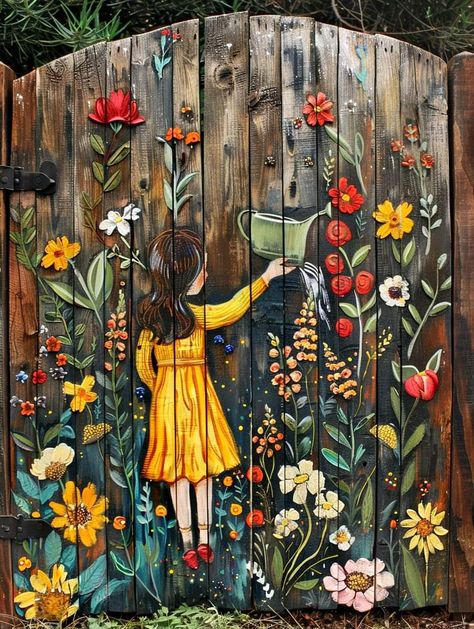 Painted Screen Doors, Rustic Trellis, Garden Fence Art, Outside Paint, Garden Mural, Chicken Garden, Garden Decor Projects, Fence Art, Boho Garden