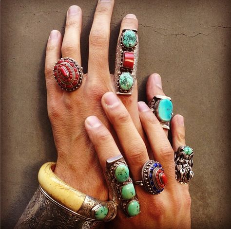 Black Dakini Antique Tibetan rings and bracelets Ethnic Rings, Tibetan Ring, Turquoise Jewellery, Rings And Bracelets, Silver Rings With Stones, Big Rings, Park Avenue, Bling Rings, Sweet Sweet