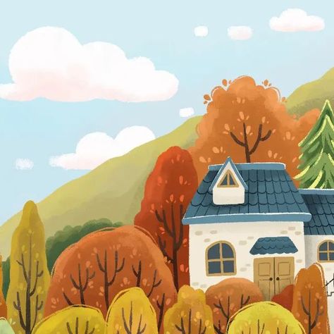 Rizka Nurfazrina on Instagram: "Cozy cottage ❤ #cozyautumndrawing challenge ✨ Timelapse video 👉  #illustration #autumn #artwork #cuteillustration #autumnillustration  #september #cozy #cottage #procreate" Cartoon Houses Illustration, Cozy House Illustration, September Illustration, Cottage Drawing, Cozy Illustration, Autumn Artwork, Art Elementary, Illustration Autumn, Cottage Illustration