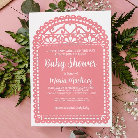 Papel Picado Inspired Pink Baby Shower Invitation - Baby Shower Invitations Purple Baby Shower, Green Baby Shower Invitations, Mexican Baby Shower, Blue Baby Shower Invitations, Baby Shower Purple, Green Baby Shower, Elegant Baby Shower, Pink Baby Shower Invitations, Purple Baby