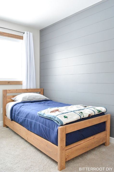 Reorganize Bedroom, Diy Twin Bed Frame, Faux Shiplap Wall, Diy Twin Bed, Diy Bed Frame Easy, Shiplap Wall Diy, Boys Bedroom Makeover, Shiplap Wall, Diy Shiplap